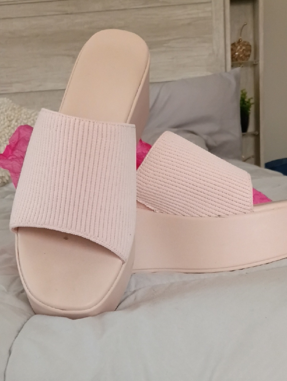 Platform Slide Mules in Light Pink